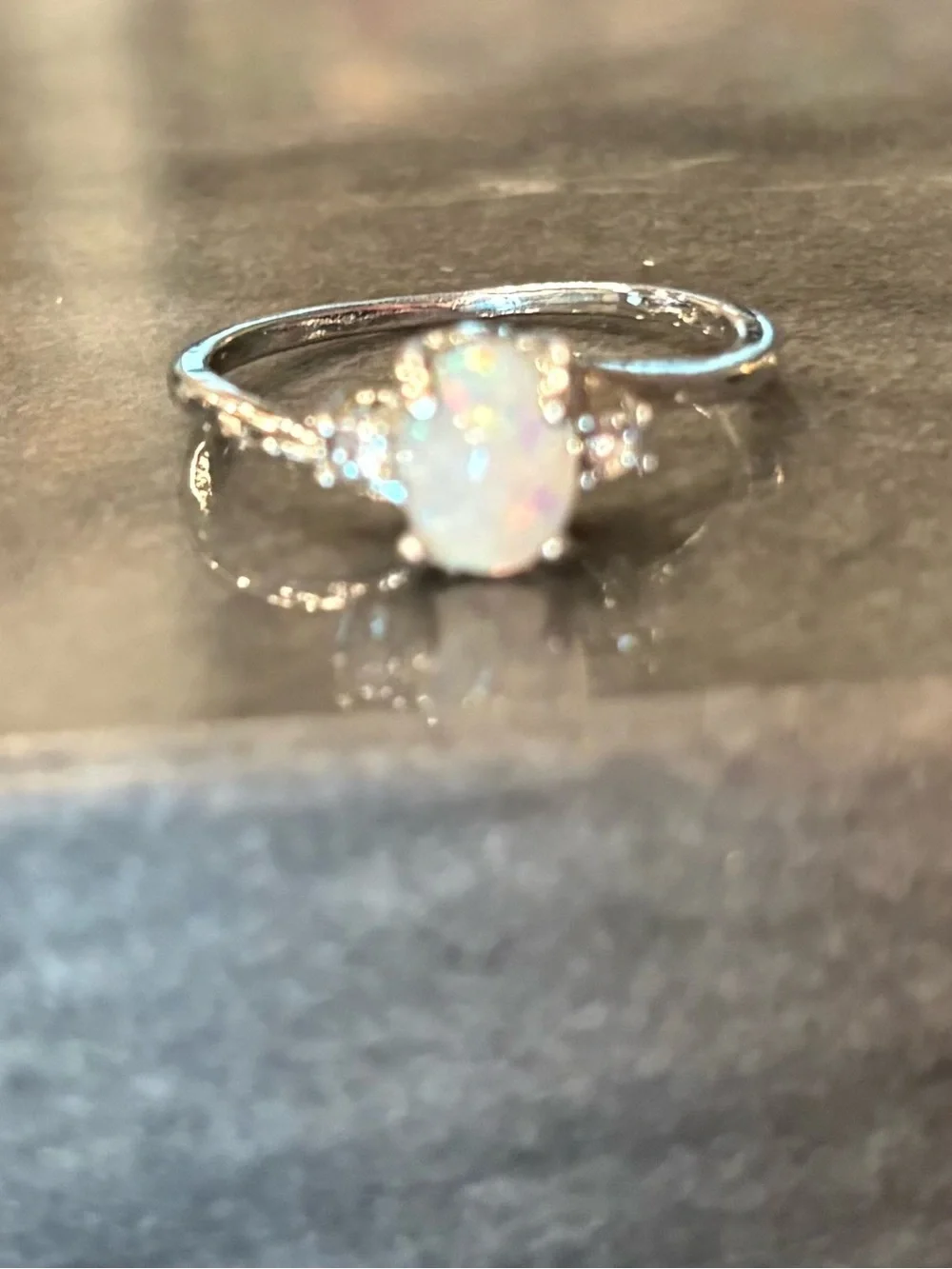 Silver Synthetic White Opal Solitaire Ring with Accent Stones~Size 10.5